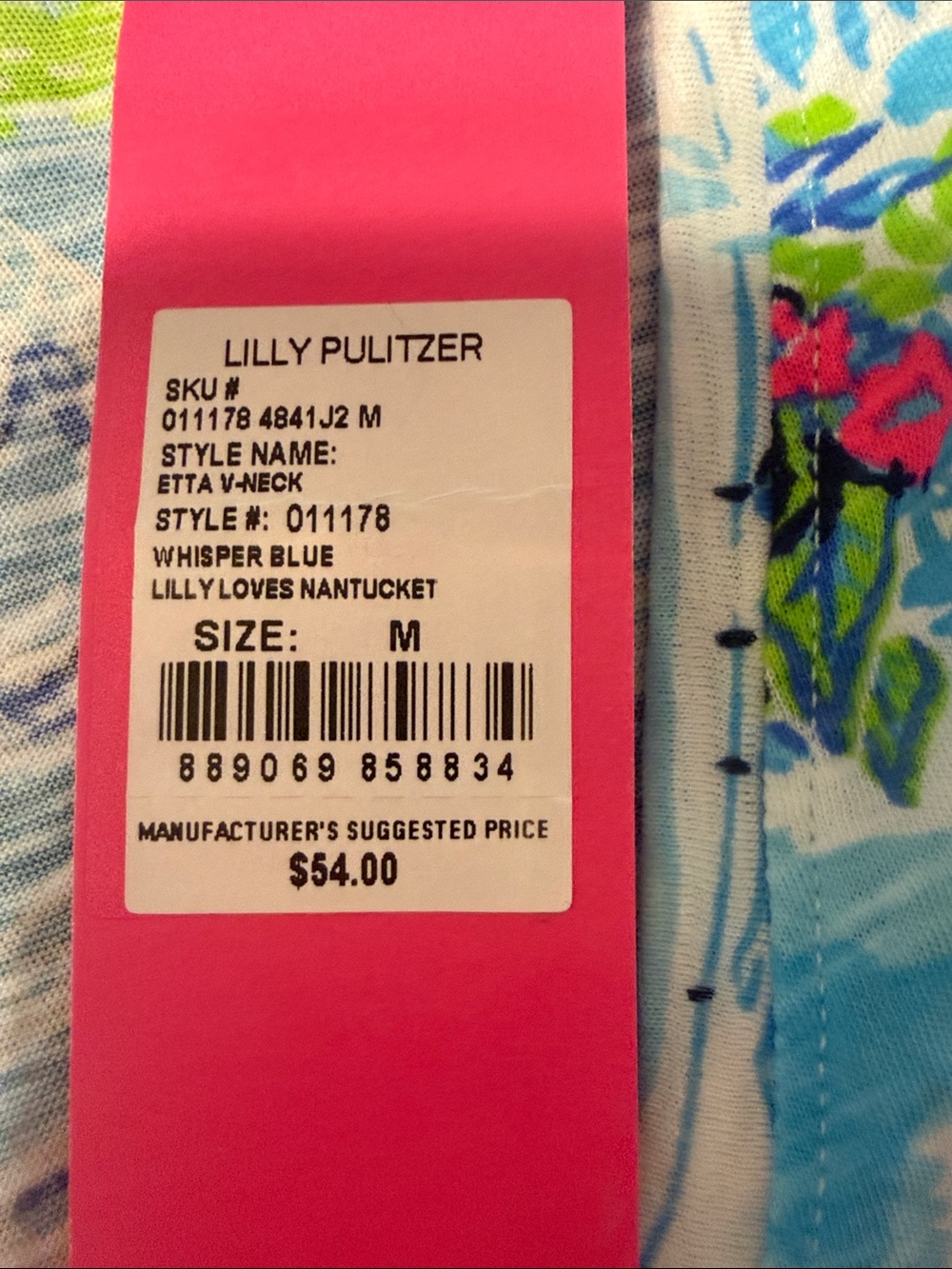 Lilly Pulitzer Short Sleeve V-Neck Tee in Blue, Pink & Green Nantucket Print - Picture 5 of 5